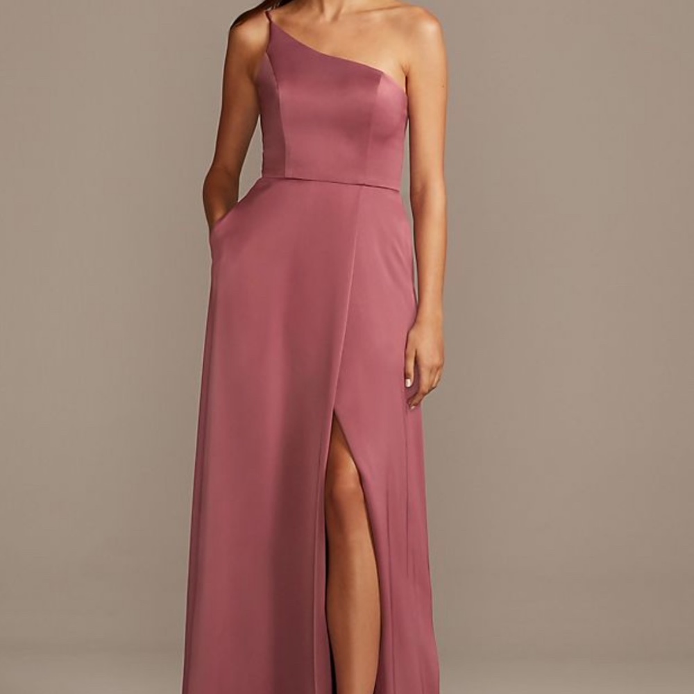 Davids Bridal Crepe-Back Satin One-Shoulder Bridesmaid Dress